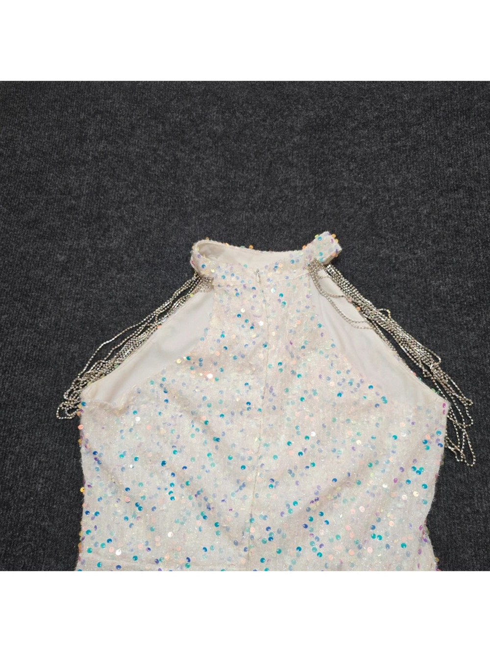 White Sequin Halter Mini Dress L Bridal Shower Reception Party Rhinestone - Picture 4 of 7